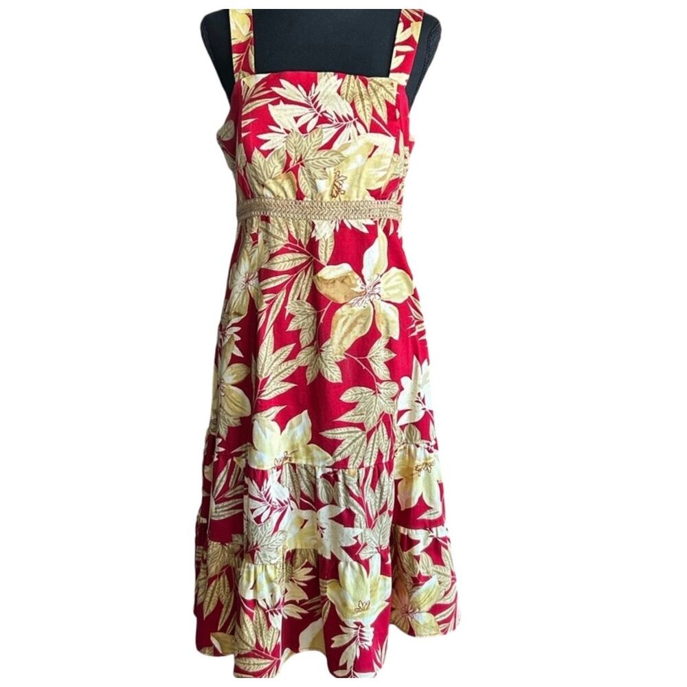 R&K Originals Red Tropical Floral Sundress Size 10 Cotton Spandex Summer Dress - Picture 2 of 11
